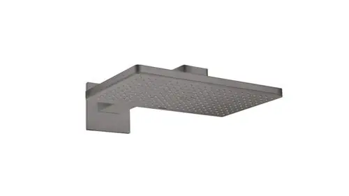Kopfbrause mit eckigem Design und Brausearm in gebürstetem Schwarzchrom von AXOR, montiert an der Wand.